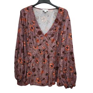 La Threads Peasant Peplum Shirt Womens 4X Floral Long Sleeves Cottagecore Boho